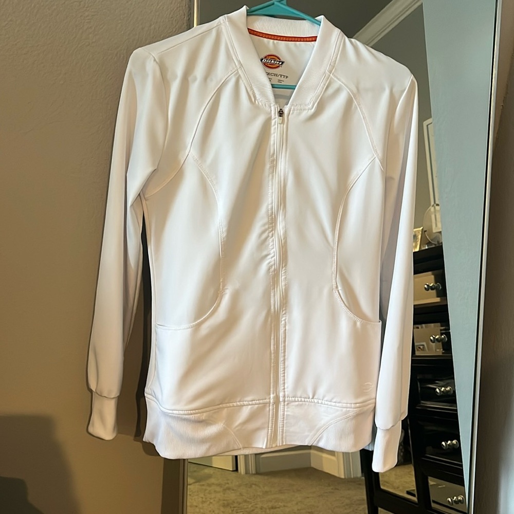 Dickies Like New Scrub Jacket White XXS Zip up Pockets Rib knit neckband